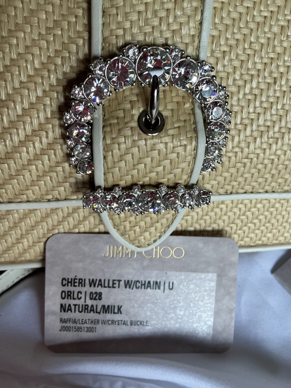 Jimmy Choo Cheri Raffia wallet/chain.  Crossbody bag with Crystal Buckle. - Picture 5 of 5